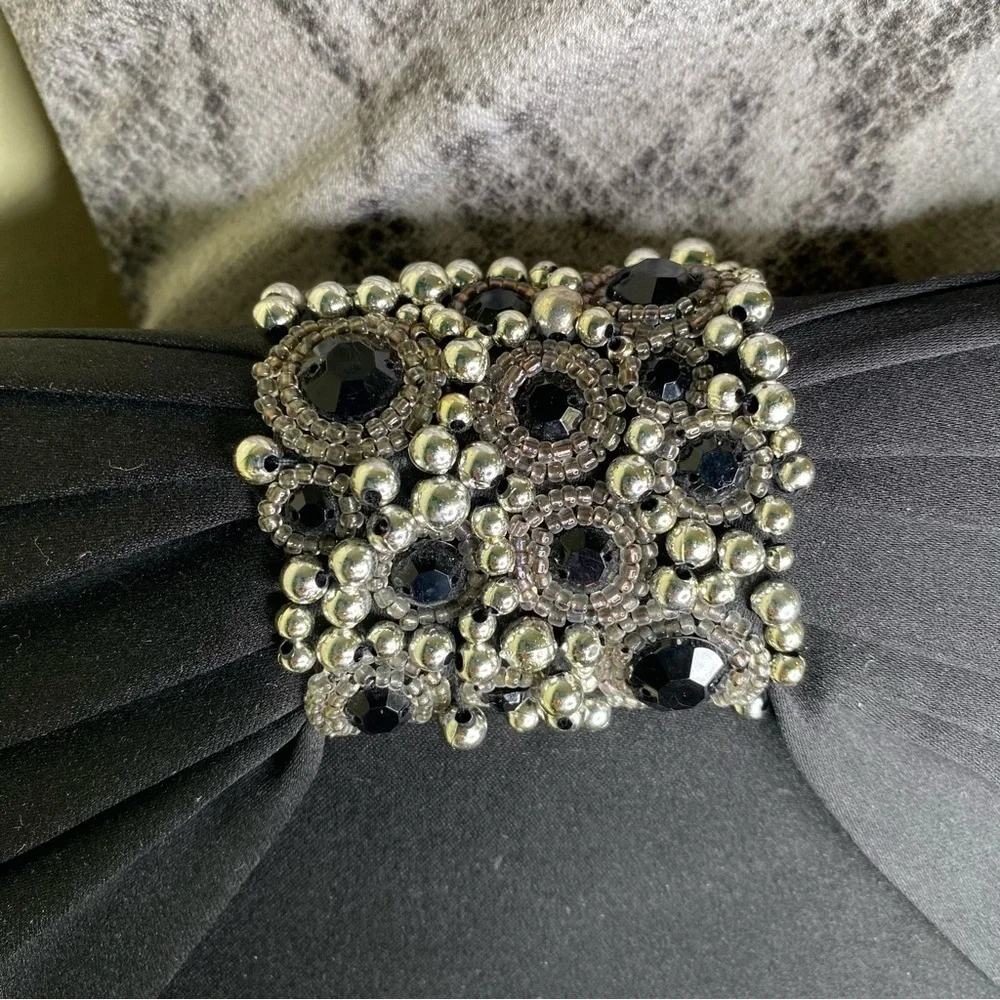Jessica McClintock Satin Black Beaded Rhinestone Evening Clutch Purse handbag